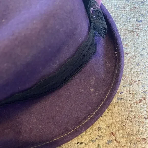 Vintage 70s Women Hat 100% Wool Purple Rose Black Lace Royal Core Gothic Grunge - Picture 6 of 11